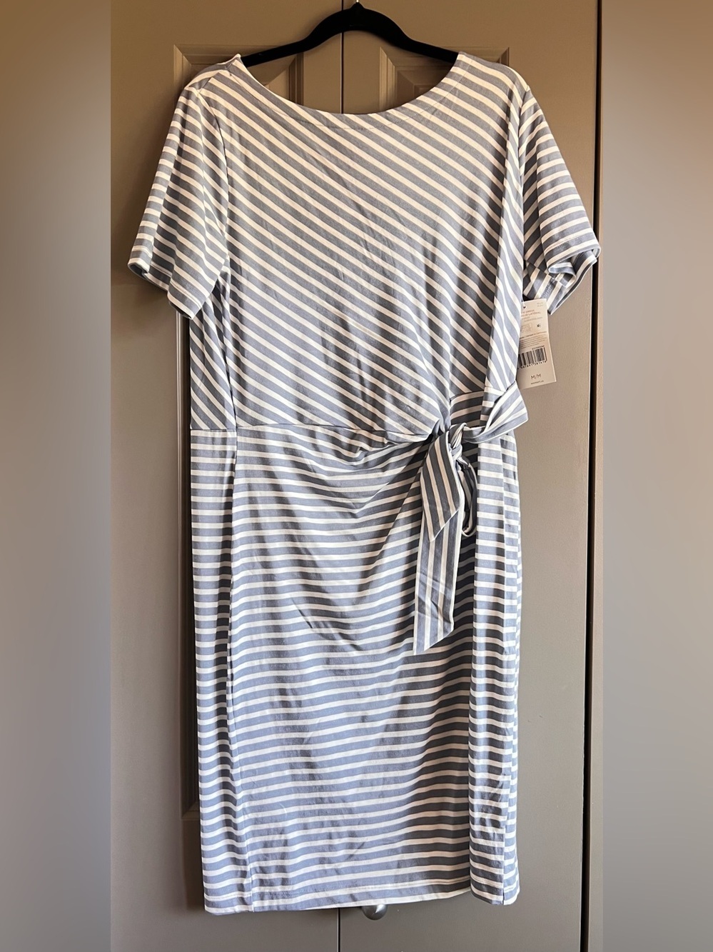 Striped Blue and White Tie-Waist Midi Dress